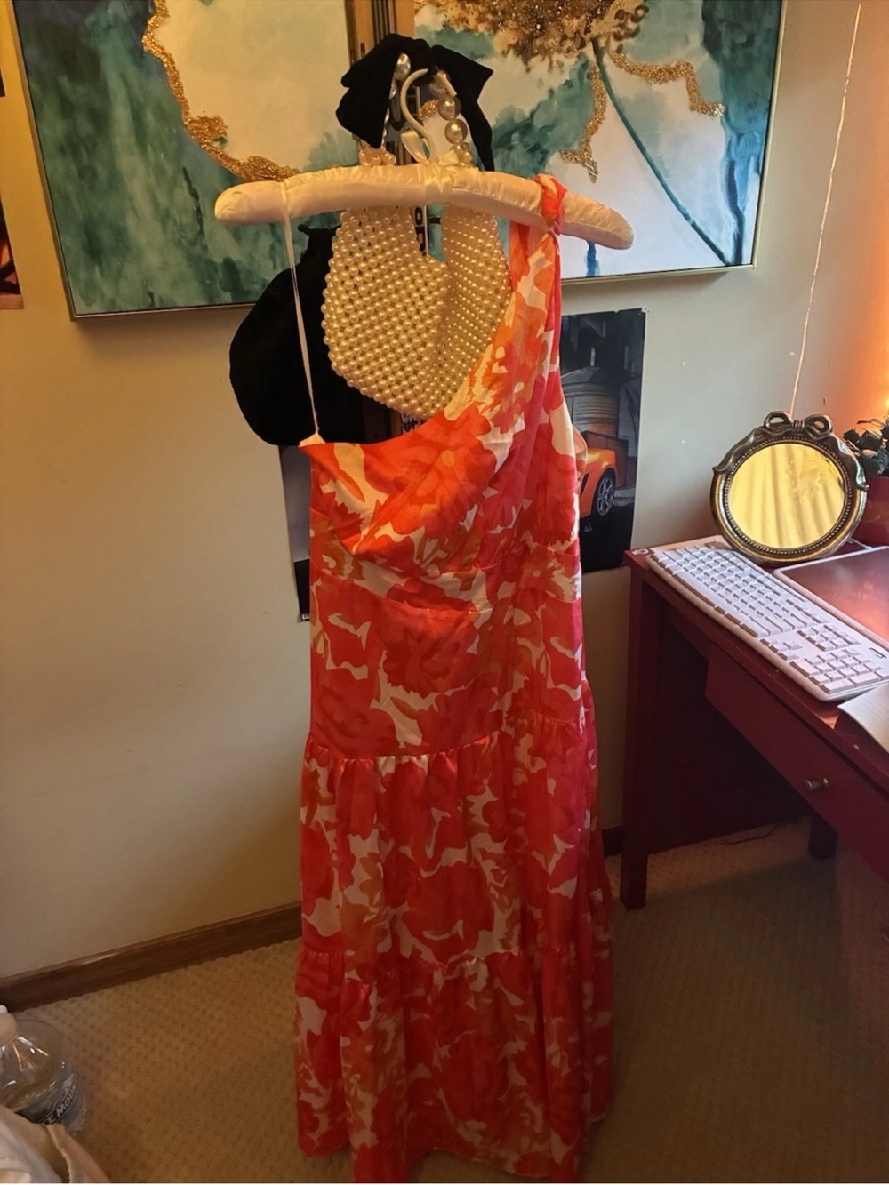 Showpo Coral and Cream Floral One-Shoulder Maxi Dress
